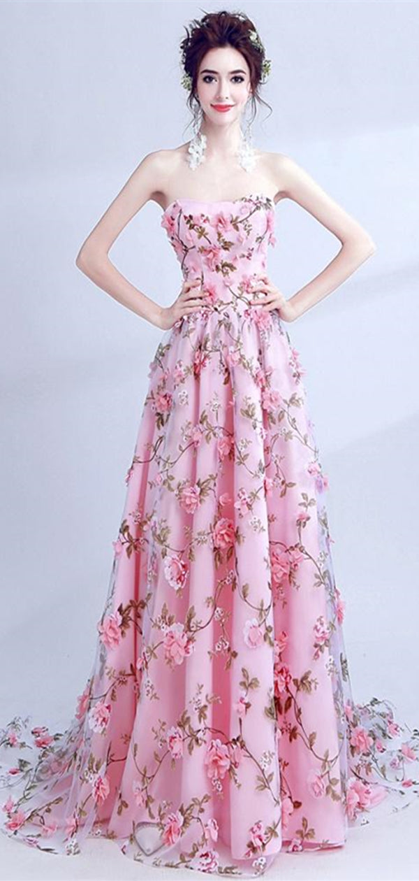 Strapless Long A-line Floral Prom Dresses, Elegant Formal Dresses