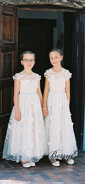 Cap Sleeves A-line Lace Tulle Flower Girl Dresses, Little Girl Dresses