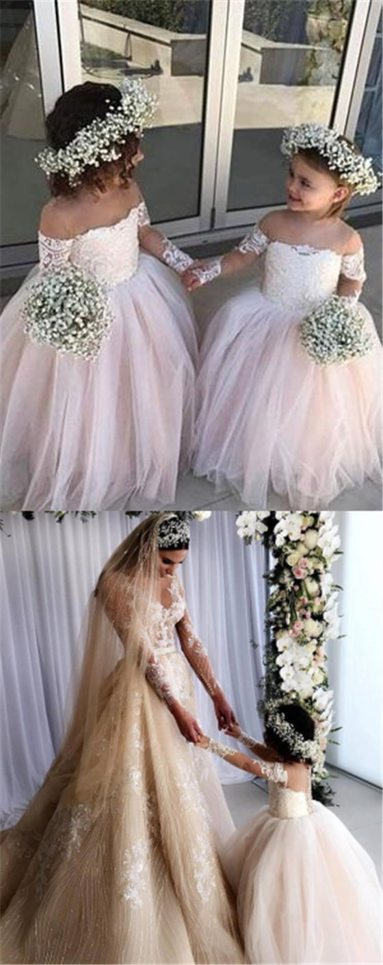 Long Sleeves Delicate Lace Tulle Flower Girl Dresses
