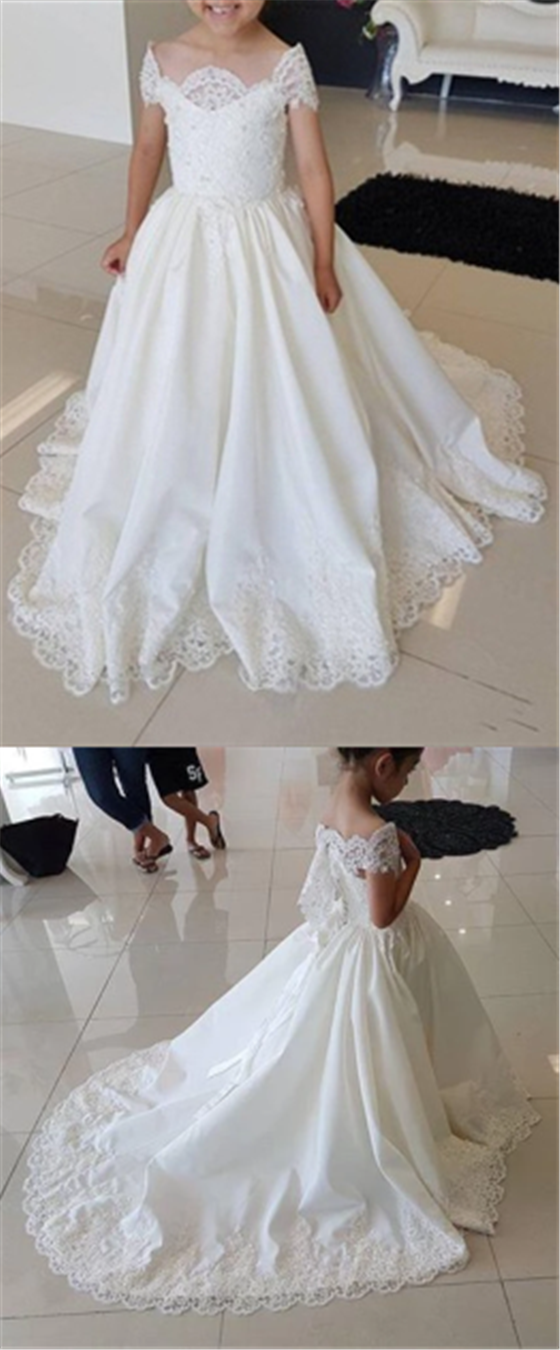 Off Shuolder Satin Lace Flower Girl Dresses, Princess Flower Girl Dresses, Formal Little Girl Dresses