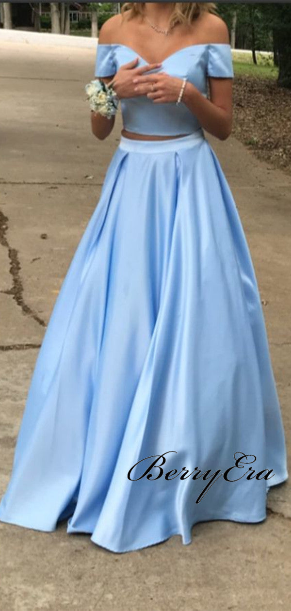 2 Pieces Off the Shoulder Long Prom Dresses, A-line Satin Prom Dresses 2019