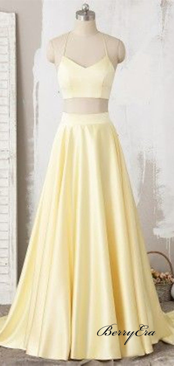 Two Pieces Satin Prom Dresses, Simple Design Prom Dresses, A-line Prom Dresses