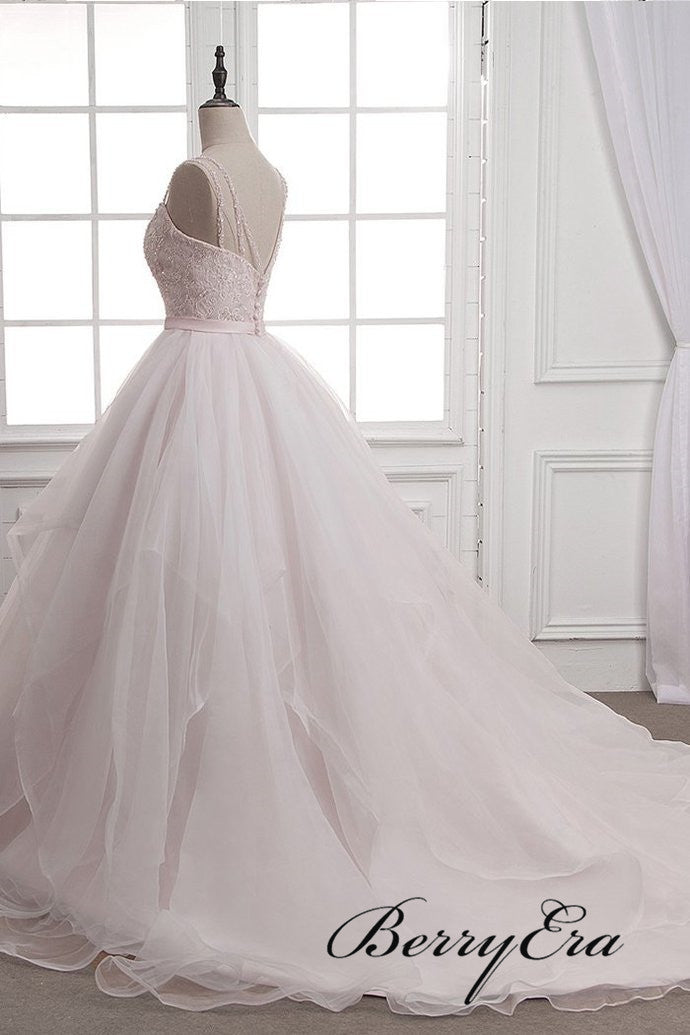 Spaghetti A-line Tulle Lace Wedding Dresses, Elegant Wedding Dresses, Bridal Gown