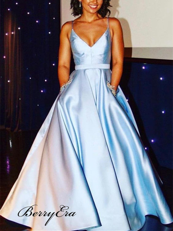 Simple A-line V-neck Stain Prom Dresses, Blue Beaded Prom Dresses With Pocket