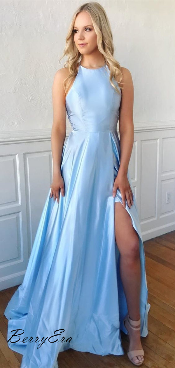 Cheap Sky Light Blue A-Line Long Prom Dresses, Simple Design Prom Dresses