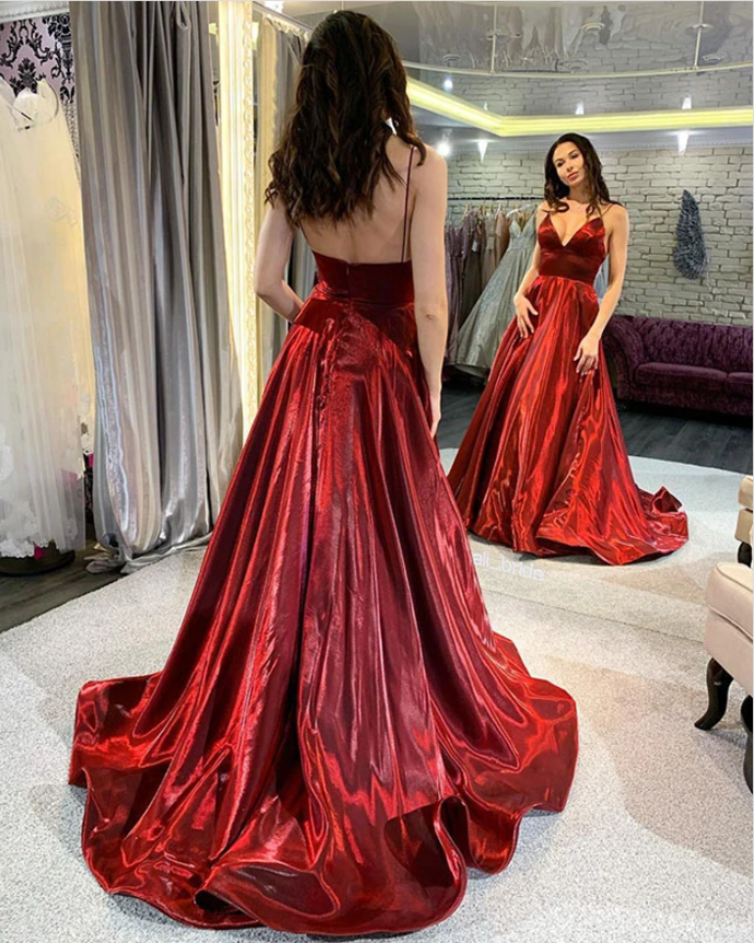 Spaghetti Long A-line Shiny Satin Prom Dresses, Long Prom Dresses, Burgundy Prom Dresses