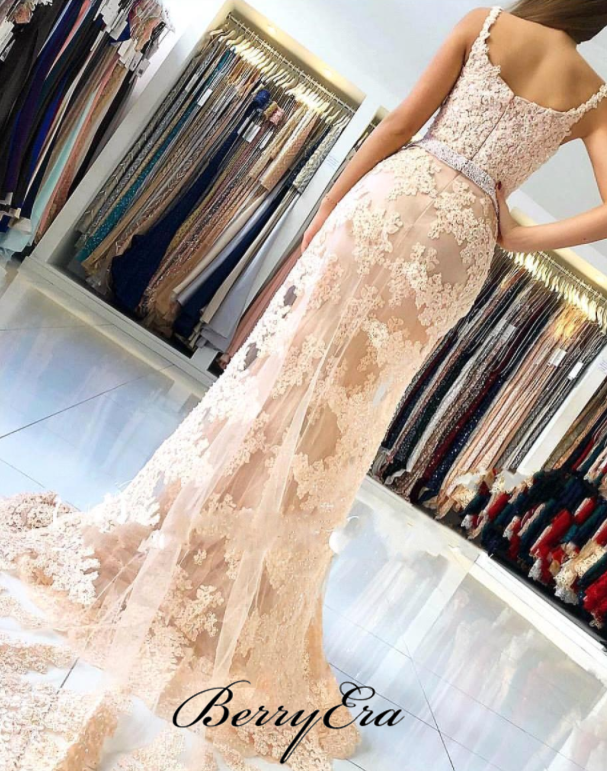 Strap Lace Mermaid Beaded Waist Prom Dresses, Popular Prom Dresses