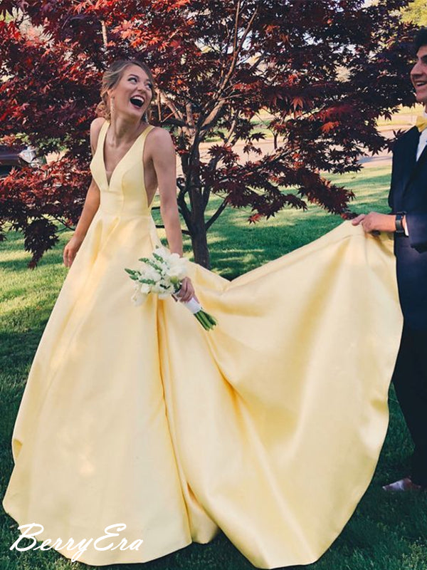 V-neck A-line Bright Yellow Color Prom Dresses, Satin Prom Dresses, Ch Berryera V-neck A-line Bright Yellow Color Prom Dresses, Satin Prom Dresses, Ch Berryera