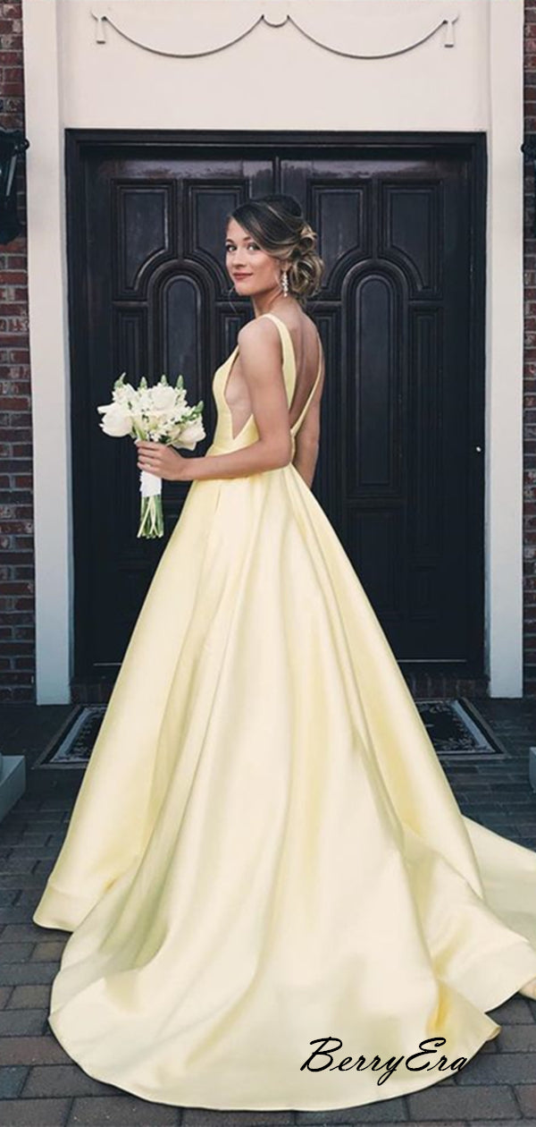 V-neck A-line Bright Yellow Color Prom Dresses, Satin Prom Dresses, Cheap Prom Dress