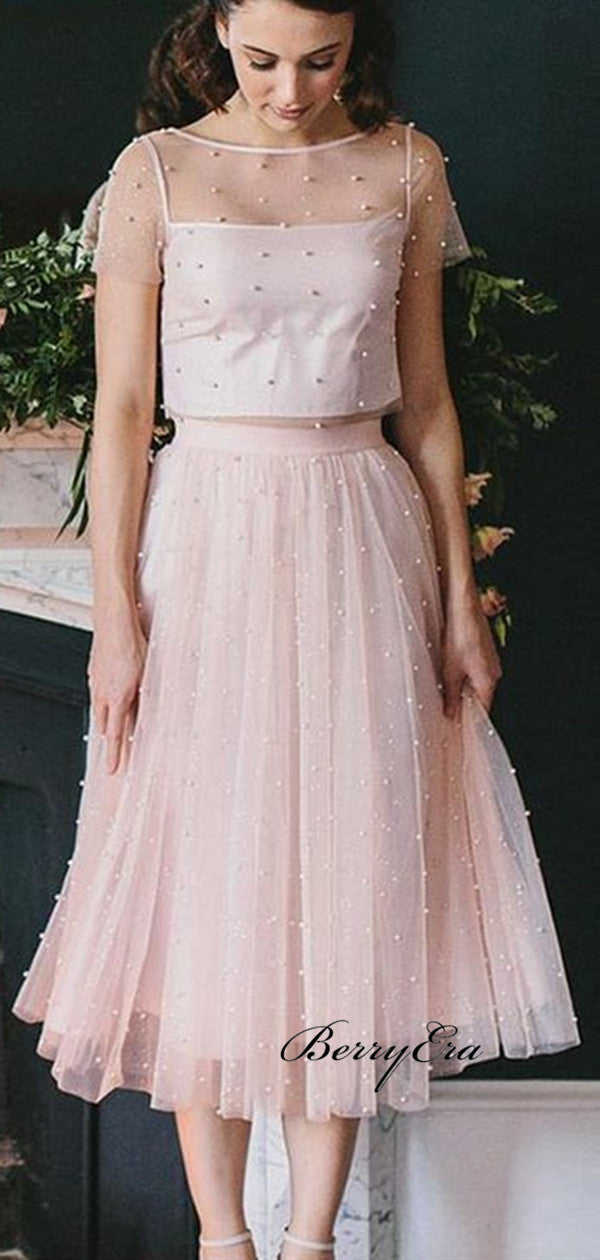 Two Pieces Pink Homecoming Dresses, Beaded Short Prom Dresses