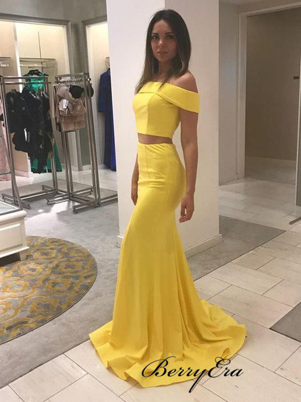 Two Pieces Off The Shoulder Prom Dresses, Yellow Popular Prom Dresses 2019