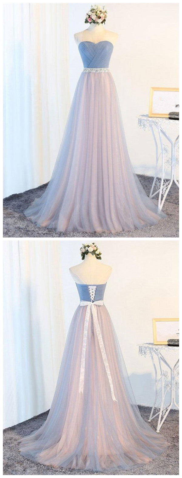 Lace Tulle Long Strapless Prom Dress, Evening Party Prom Dress 2019