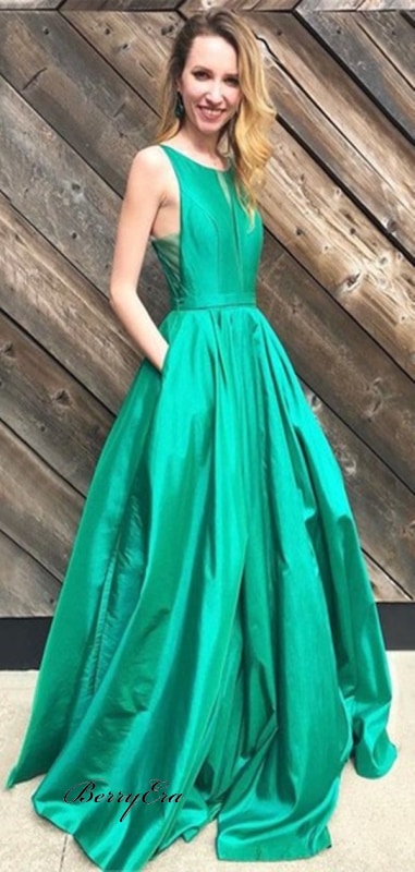 Simple Long A-Line Green Satin Prom Dresses Cheap Prom Dresses