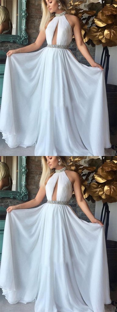 Halter Beaded White Chiffon Long A-line Prom Dresses