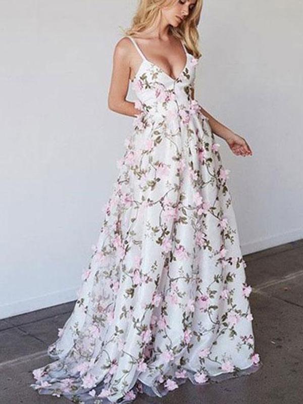 Spaghetti Long Floral A-line Cheap Prom Dresses