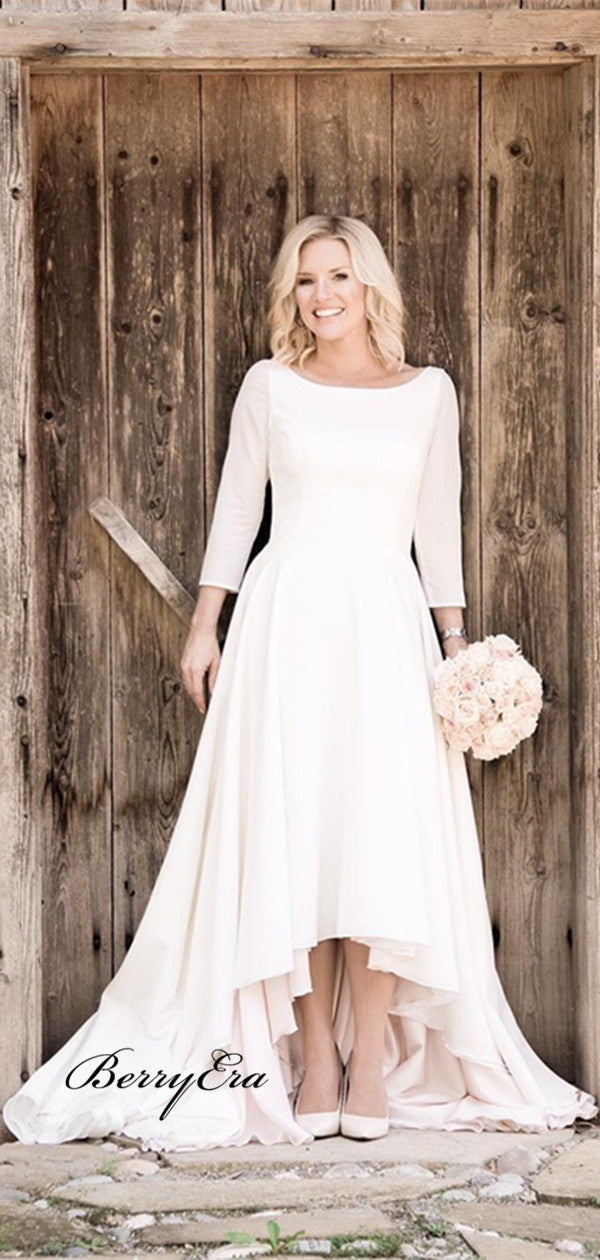 High Low Casual Wedding Dresses with 3/4 Sleeves, Simple Design