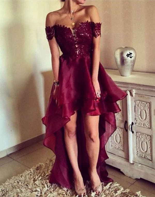 Organza Burgundy High Low Lace Prom Dresses, Off Shoulder Party Dresse Berryera Organza Burgundy High Low Lace Prom Dresses, Off Shoulder Party Dresse Berryera