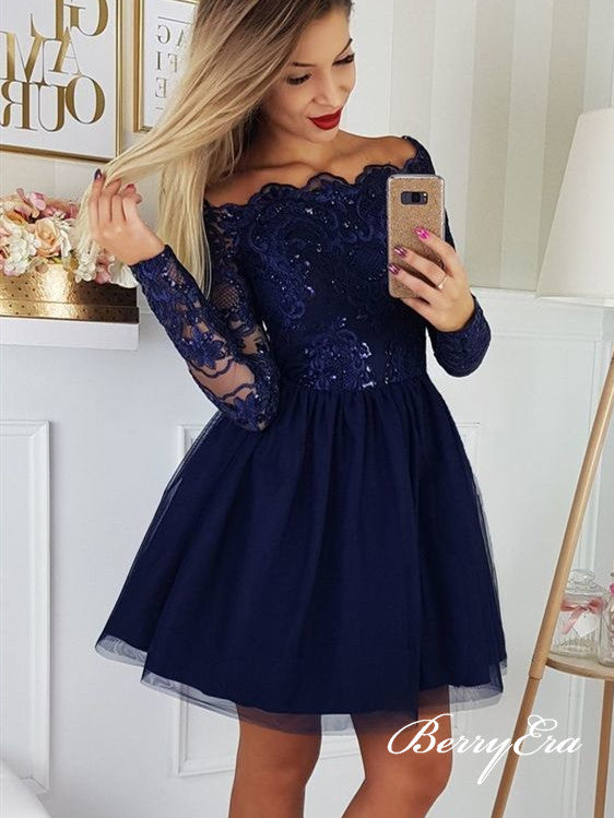 Off Shoulder Navy Lace Beaded Tulle Homecoming Dresses, Short Prom Dresses