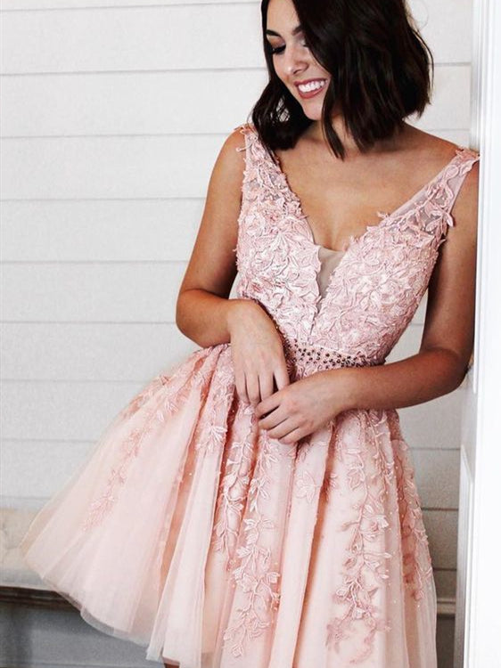 V-neck Pink Lace Beaded Homecoming Dresses, Short Prom Dresses
