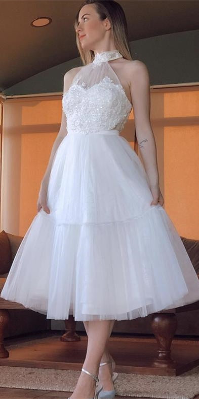 High Neck Light Ivory Homecoming Dresses, Lace Beaded Homecoming Dresses, Short Prom Dresses
