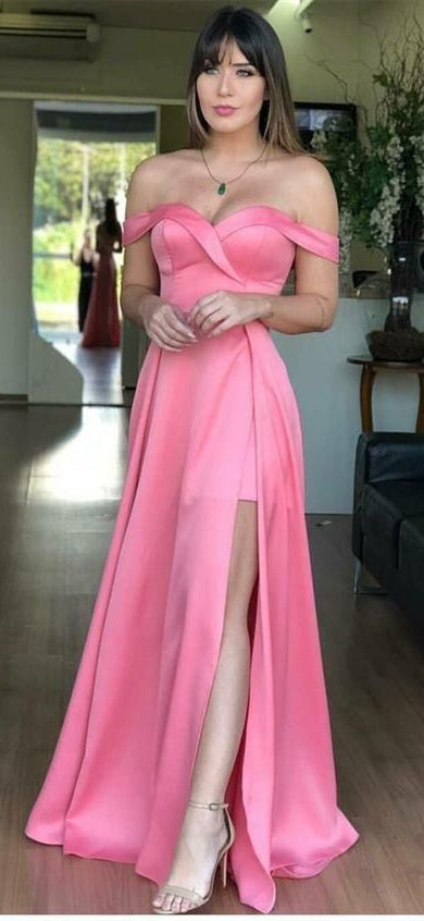 Off Shoulder Pink Satin Prom Dresses, Side Slit Prom Dresses, Long Prom Dresses