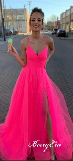 Spaghetti Long A-line Hot Pink Tulle Prom Dresses, High Slit Prom Dresses, Long Prom Dresses