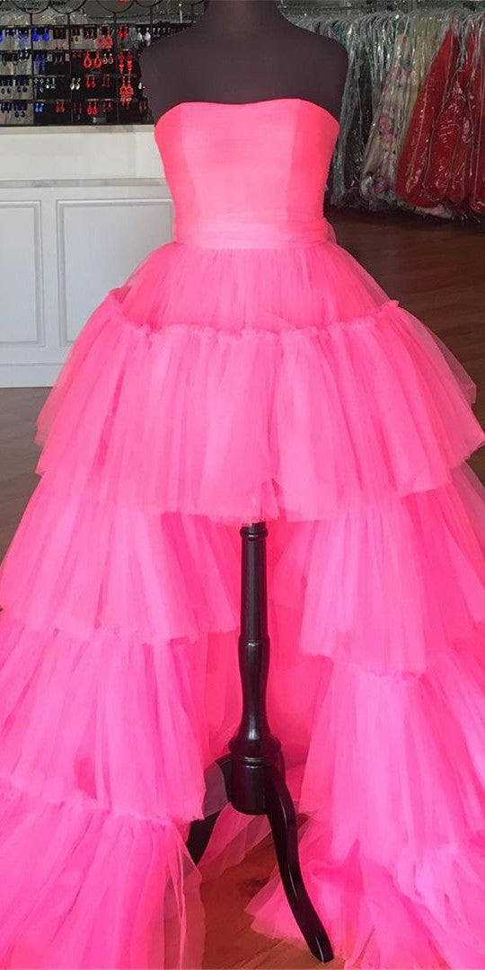 Strapless Long A-line Hot Pink Prom Dresses, Hi-low Prom Dresses, Fluffy 2021 Prom Dresses