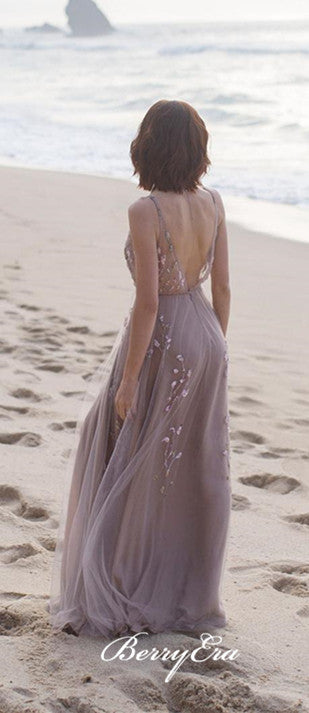 Fairy Long A-line Tulle Lace Beach Wedding Dresses