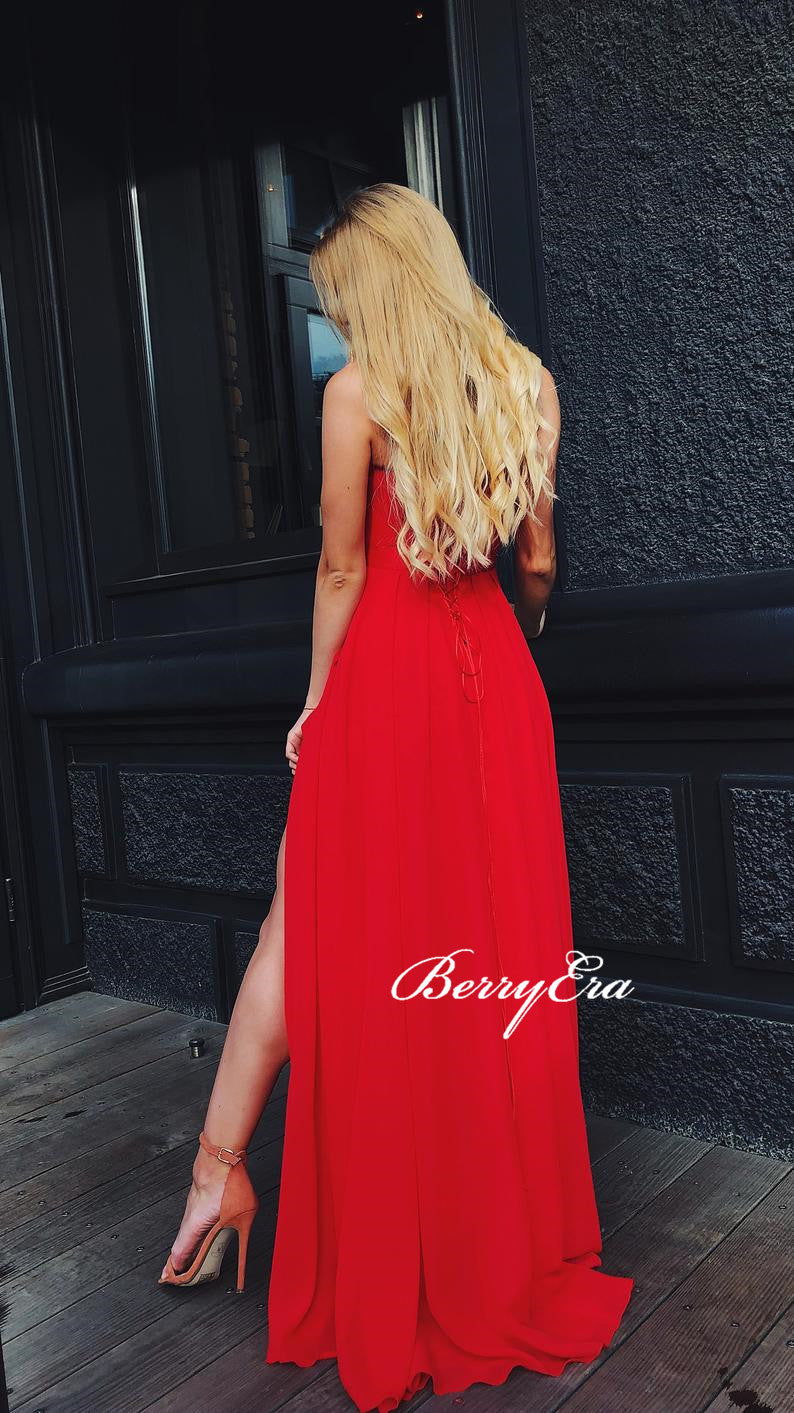 Strapless Chiffon Red Prom Dresses, Side Slit Prom Dresses, Simple Long Prom Dresses