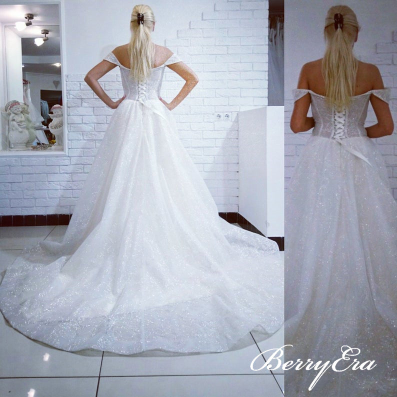 Off Shoulder Long A-line Lace Seuqin Wedding Dresses