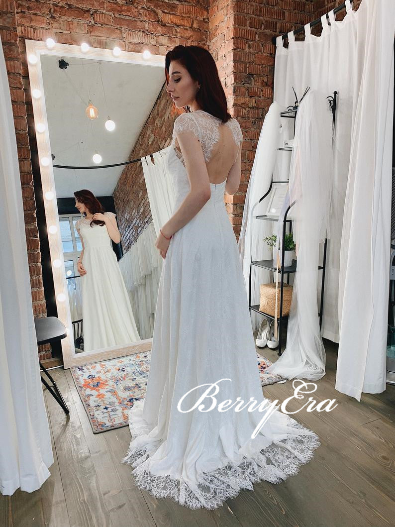 Cap Sleeves Ivory Lace Wedding Dresses, Open Back Long Wedding Dresses, A-line Wedding Dresses