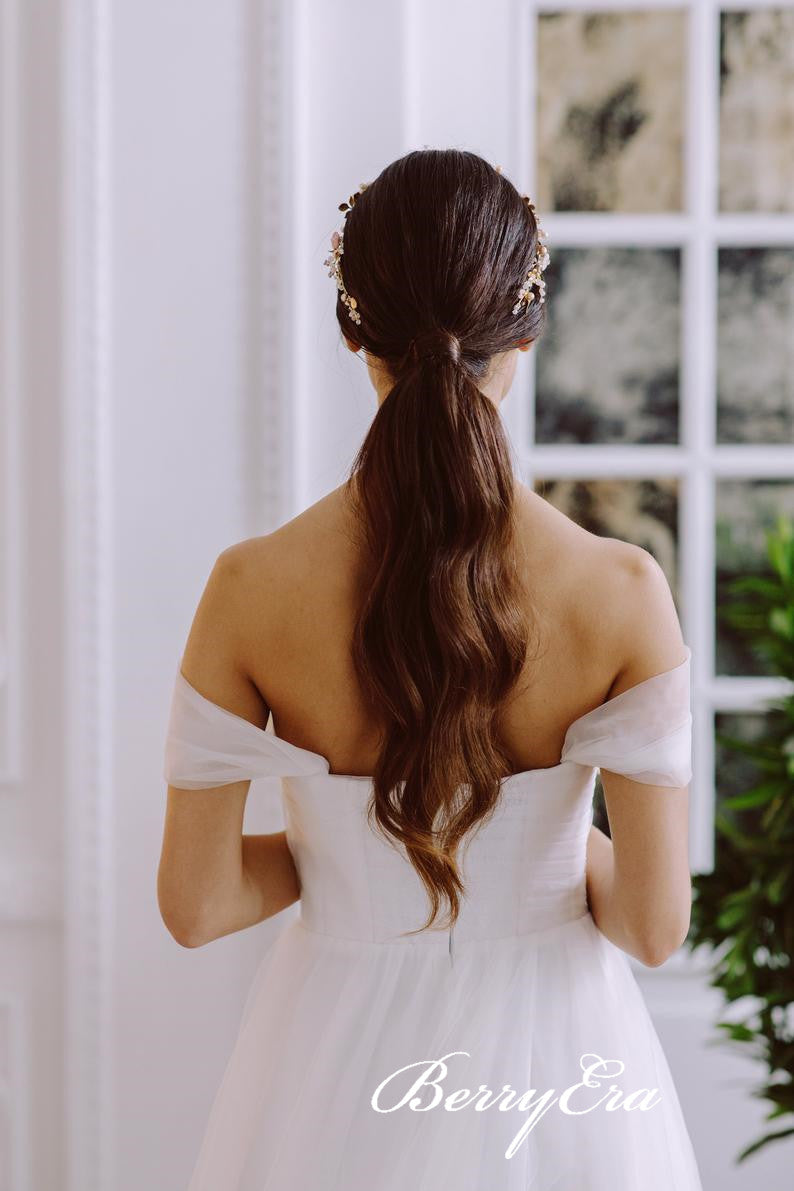 White Long Tulle Wedding Dresses, Off Shoulder Long Wedding Dresses, A-line Simple Wedding Dresses