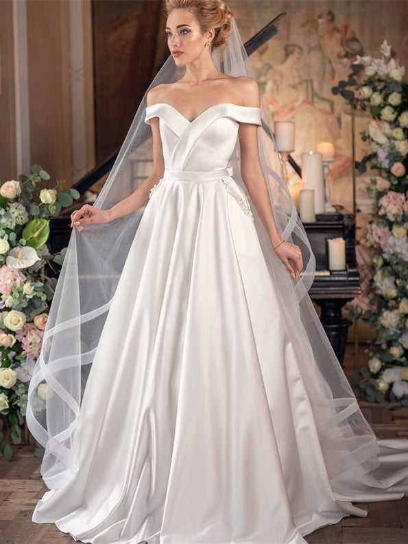 Off the Shoulder Ivory Satin Wedding Dresses, Simple Elegant Wedding D ...