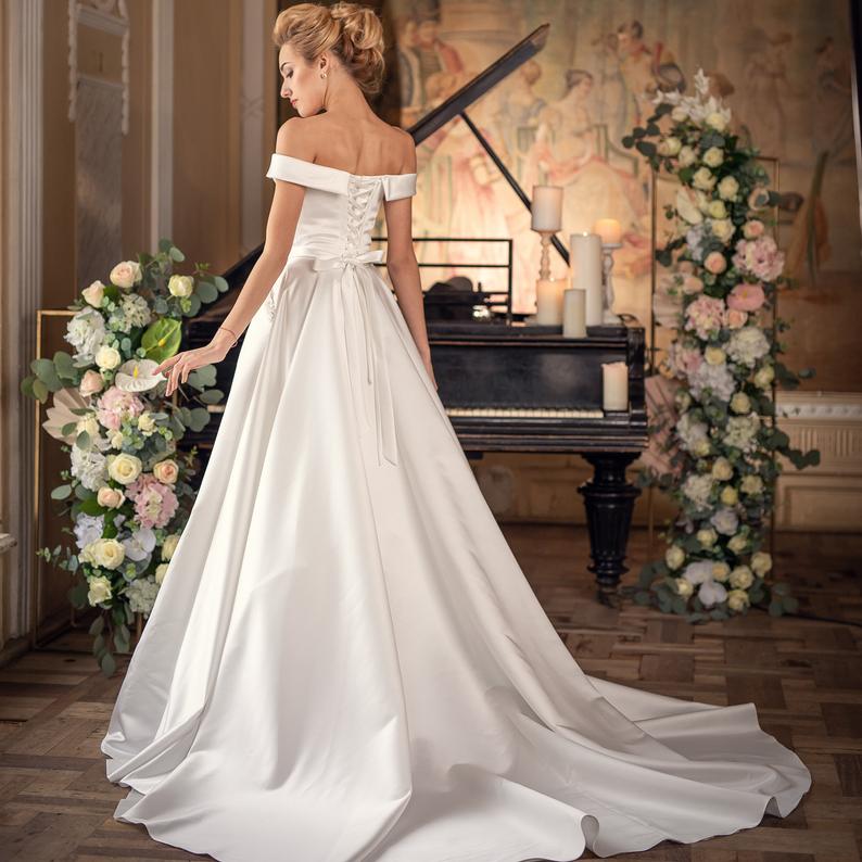 Off the Shoulder Ivory Satin Wedding Dresses, Simple Elegant Wedding Dresses with Pockets, 2021 Wedding Dresses, A-line Wedding Dresses
