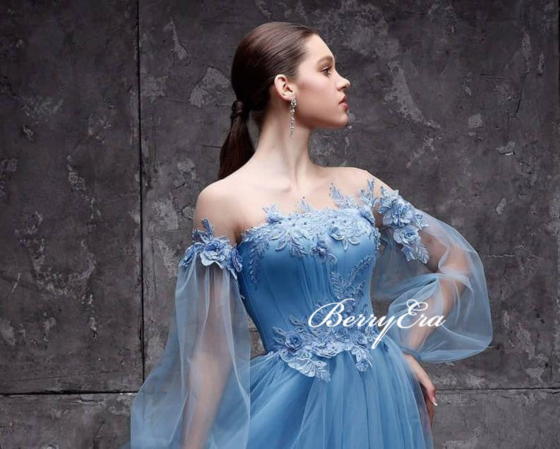 Off Shoulder Long Sleeves Blue Tulle Lace Prom Dresses, Lovely Prom Dresses, Affordable Prom Dresses