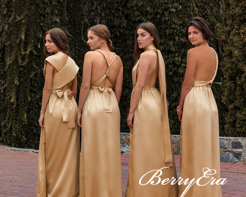 Convertible Long Sheath Gold Elastic Satin Bridesmaid Dresses, Long Bridesmaid Dresses, Bridesmaid Dresses