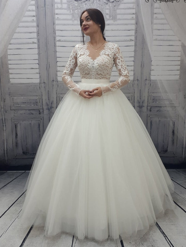 V-neck Long Sleeves A-line Lace Top Tulle Wedding Dresses, Long Wedding Dresses, Popular Wedding Dresses