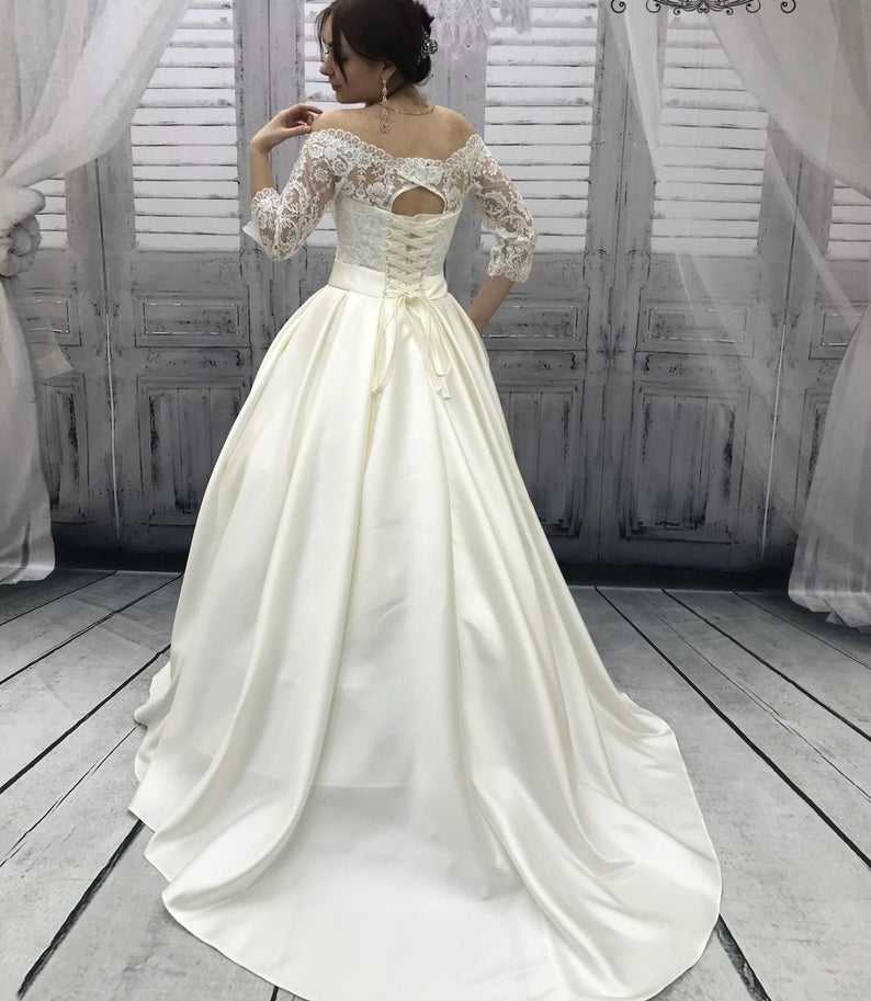 Off Shoulder 3/4 Sleeves Ivory Lace Satin Wedding Dresses, Long Weddin Berryera Off Shoulder 3/4 Sleeves Ivory Lace Satin Wedding Dresses, Long Weddin Berryera