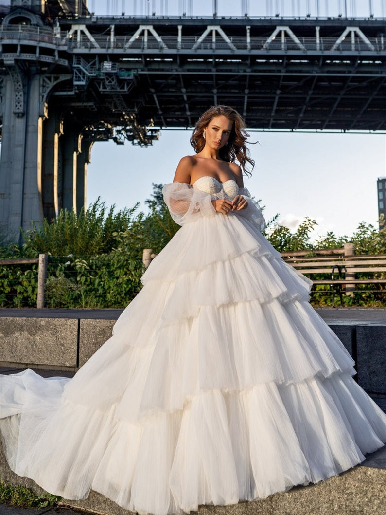 Sweetheart Long A-line Fluffy Wedding Dresses, Gorgeous Long Wedding Dresses, Bridal Gown