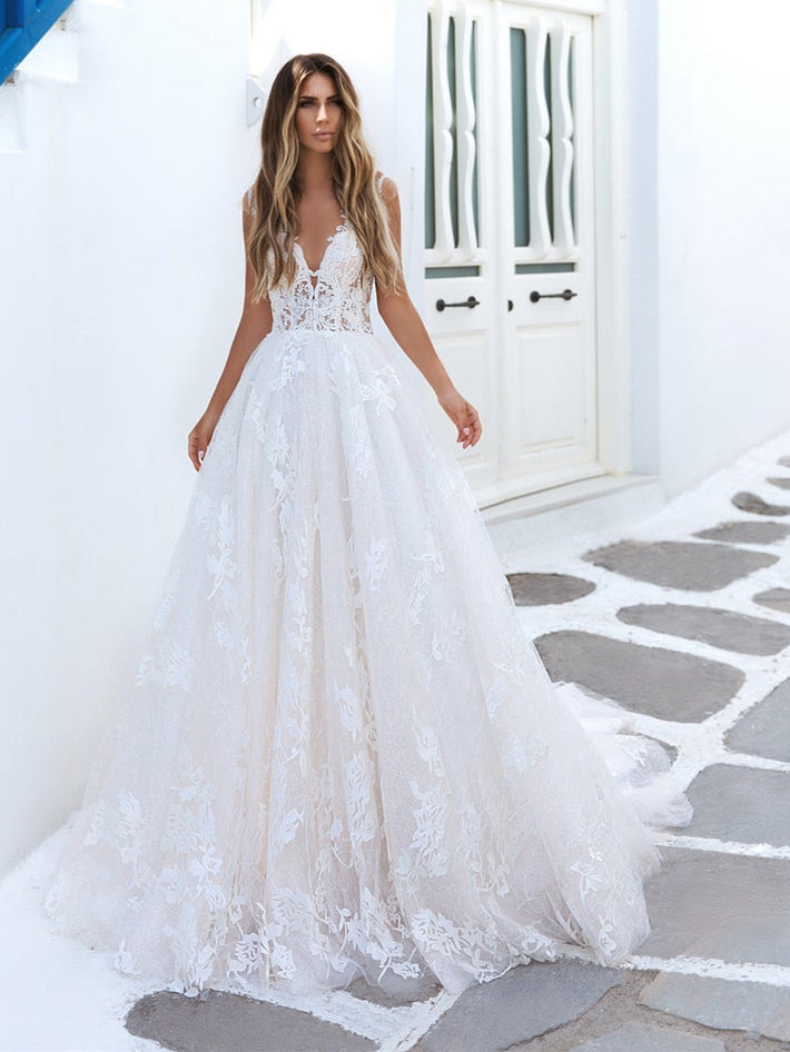 Lovely Lace Tulle Wedding Dresses, A-line Wedding Dresses, Long Wedding Dresses, Newest Wedding Dresses