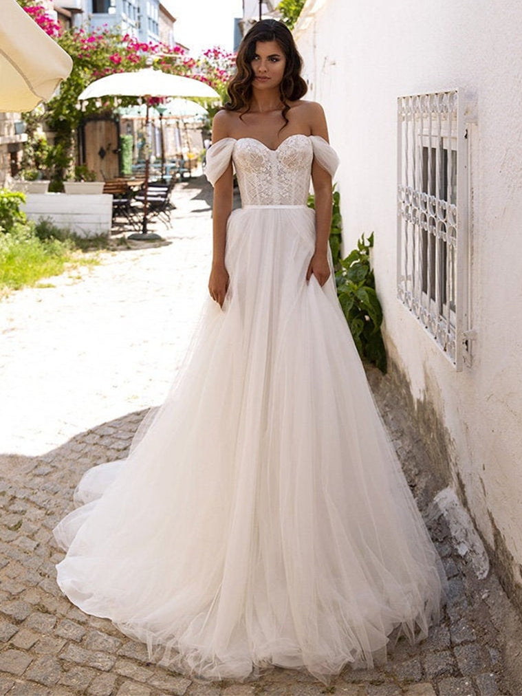 Off Shoulder Sweetheart Long A-line Wedding Dresses, Lace Top Wedding Berryera Off Shoulder Sweetheart Long A-line Wedding Dresses, Lace Top Wedding Berryera