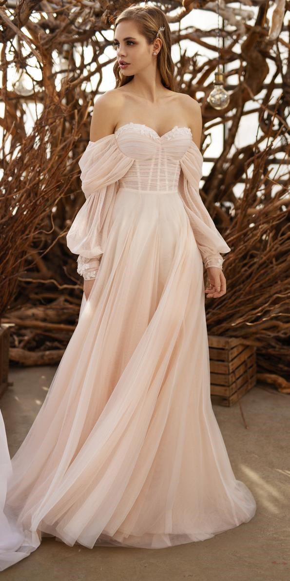 Off Shoulder Blush Pink Boho Wedding Dresses, A-line Wedding Dresses, 2021 Wedding Dresses