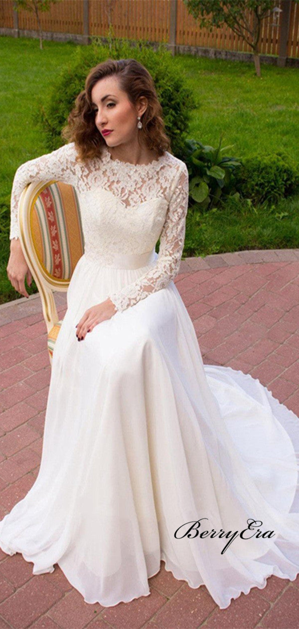 Lace Long Sleeves Wedding Dresses, A-line Chiffon Wedding Dresses, Bridal Gowns