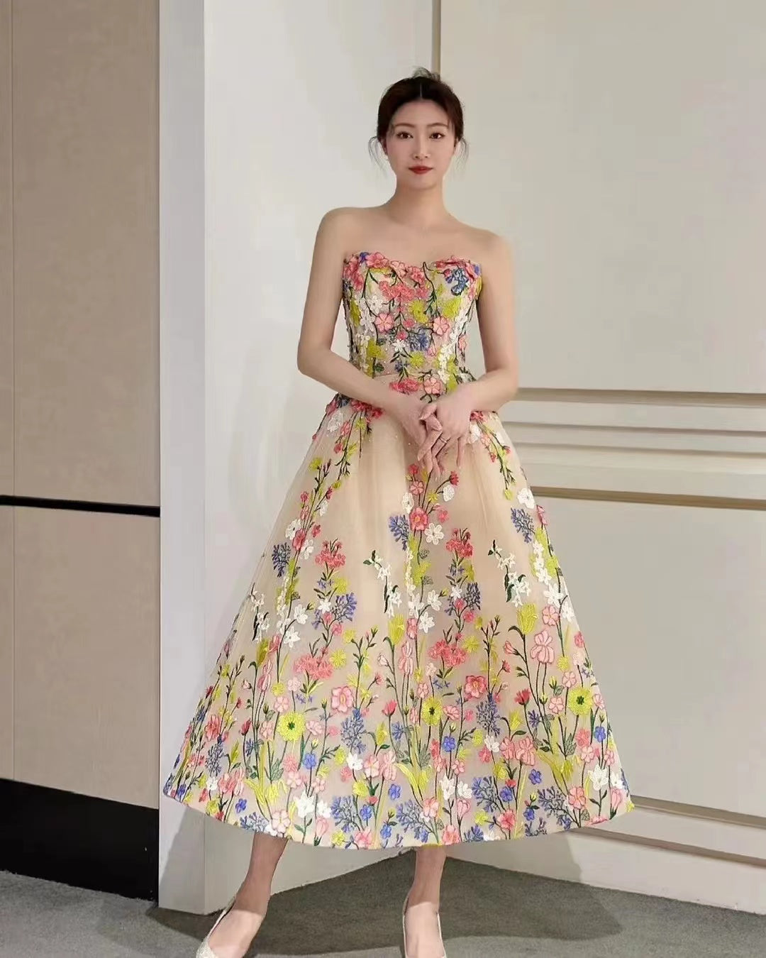 Floral Tea Length Prom Dresses, Elegant A-line Party Dresses, Newest G Berryera Floral Tea Length Prom Dresses, Elegant A-line Party Dresses, Newest G Berryera