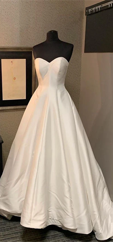 Sweetheart Long A-line Ivory Satin Wedding Dresses, Old Fashion Bridal Gown, Elegant Wedding Dresses