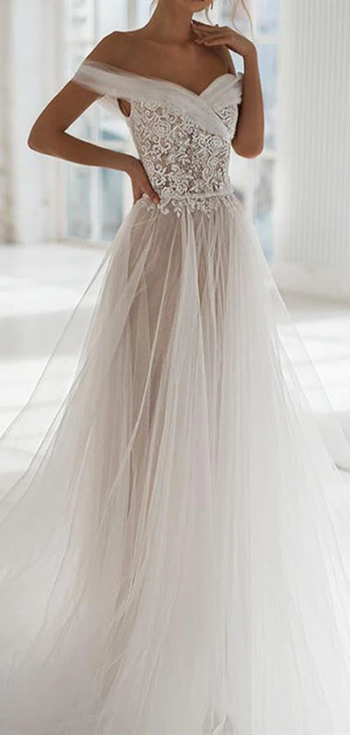 Off Shoulder Ivory Lace Tulle Wedding Dresses, A-line Wedding Dresses, Country Wedding Dresses