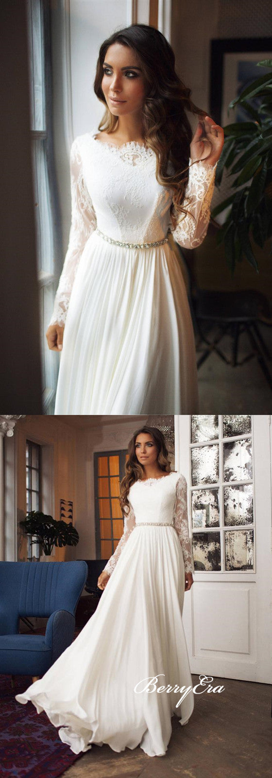 Long Sleeves Lace Top Chiffon A-line Ivory Wedding Dresses
