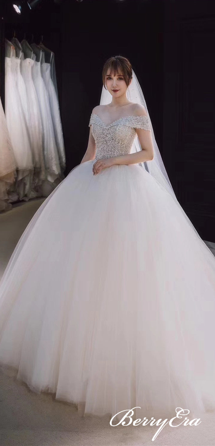 Off Shoulder Long Beaded Tulle Wedding Dresses, Bridal Gown, Long Wedding Dresses