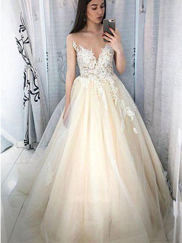 Ivory Lace Long A-line Tulle Prom Evening Dresses
