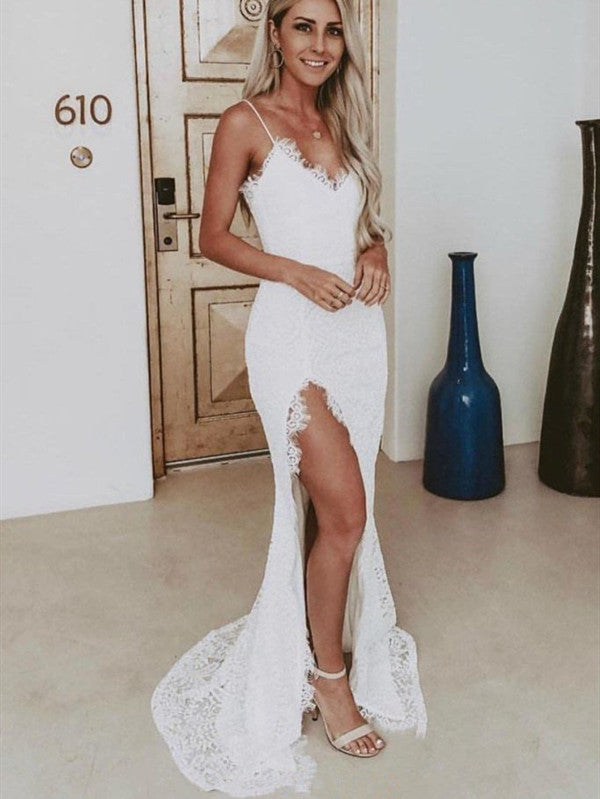 Lace Spaghetti Straps Sleeveless Wedding Dresses, Long Slit Bridal Gowns